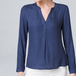 WHBM Long-Sleeved Mixed Media Top in Navy - Sz XS